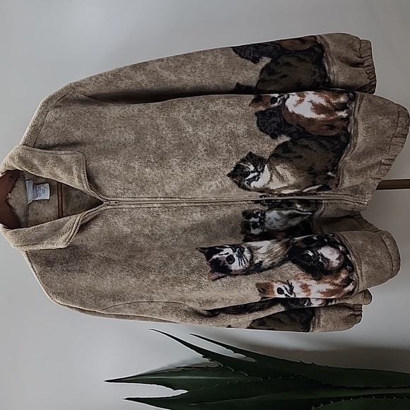 Vintage 90s Blair Grannycore Cozycore AOP Cat-Print Fleece ZipUp Jacket Tan 2XL - Picture 3 of 13